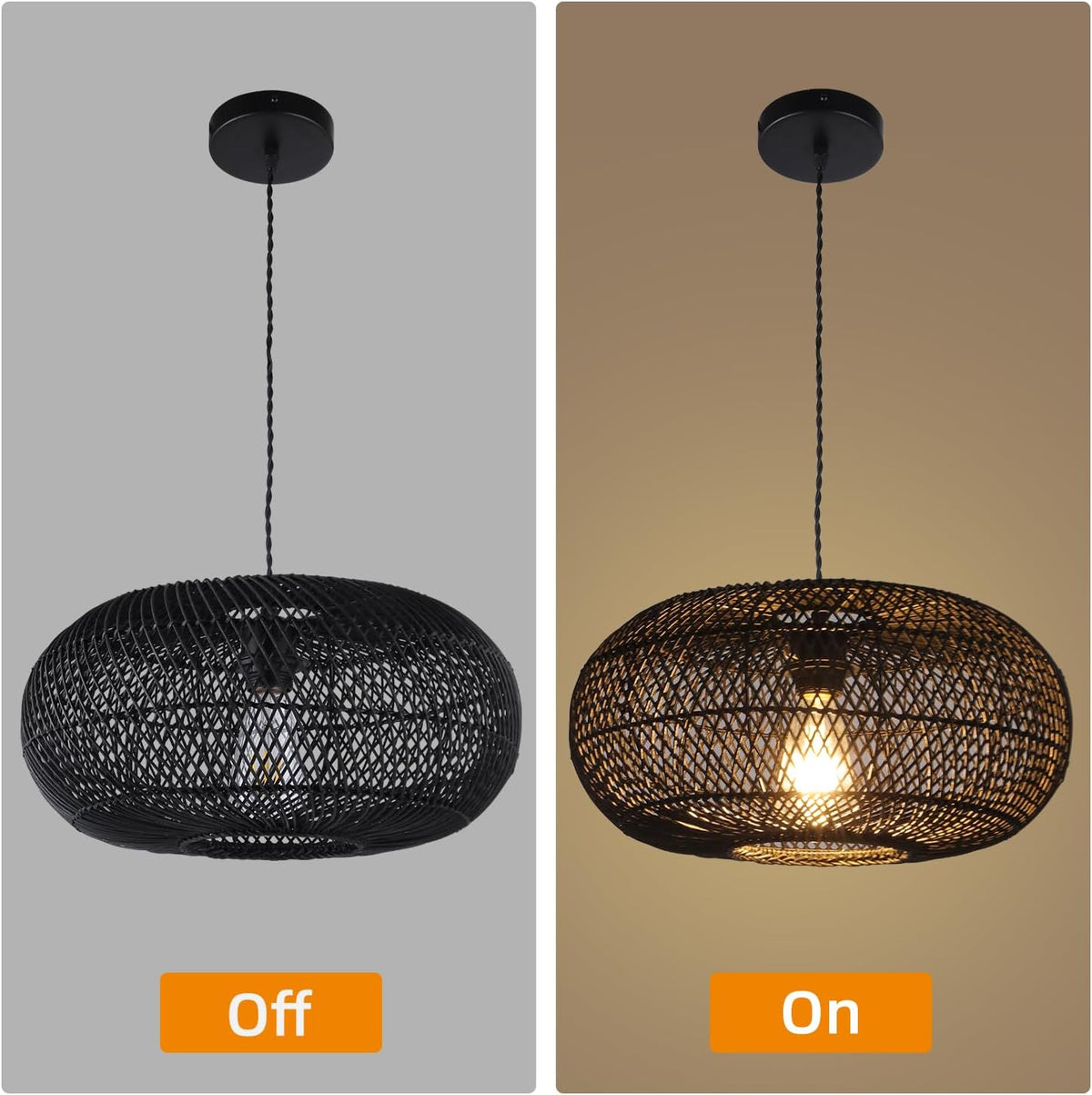 Rattan Pendant Light 15.75" 1-Light Hand-Woven Bamboo Rattan Hanging Lamp Large Globe Wicker Chandelier Modern Bohemian Adjustable Pendant Lamp for Kitchen Island Farmhouse Outdoor Porch Black.…