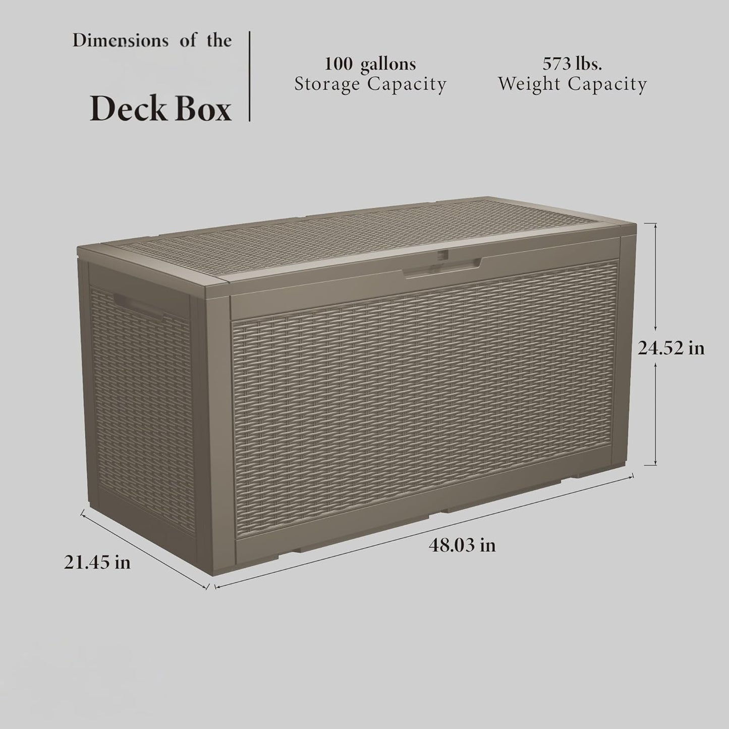 100 Gallon Waterproof Large Resin Deck Box Indoor/Outdoor Lockable Storage Container and Seating for Garden, Pool, and Patio (100 Gallon, Grey)