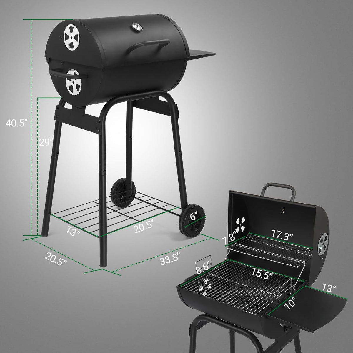 VINGLI Barrel Charcoal Grill with Side Table, BBQ Grill Outdoor Smoker Grill with Wheels for Party Garden Patio and Backyard Cooking