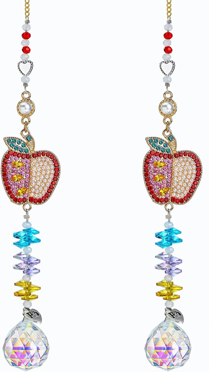 H&D HYALINE & DORA Set of 2 Crystal Sun Catchers Christmas Apple Pendant with Rhinestones, Hanging Colorful Crystal Ball Prism Sun Catcher for Home Wedding Party Christmas Garden Decor