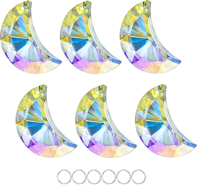 6pcs Colorful Crystal Faceted Half Moon Prisms Chandelier Lamp Lighting Drops Pendants Prisms Hanging Crystals Suncatcher for Window Garden Home Decoration