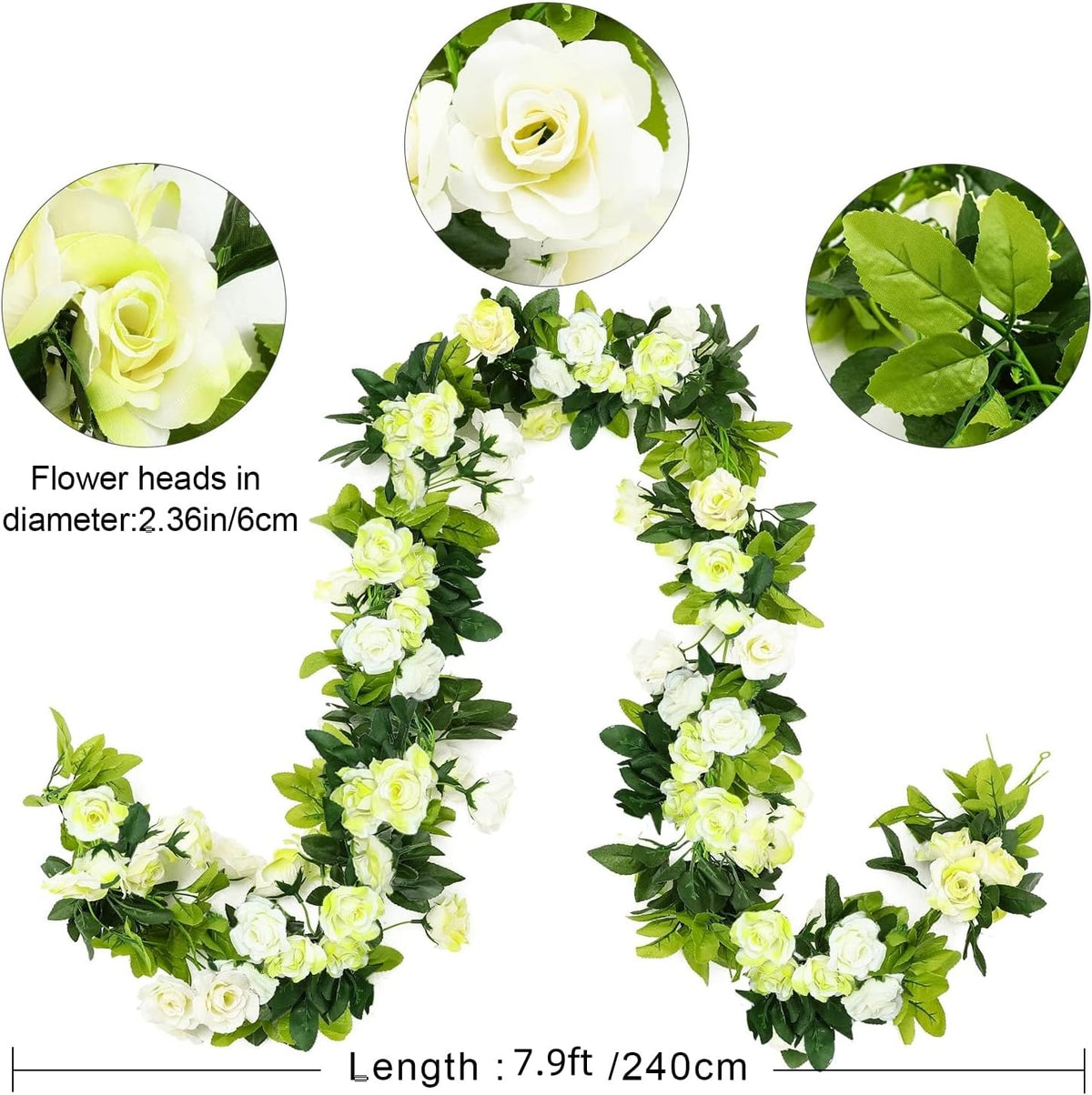 JUSTOYOU 2 Pack (15.8FT) Fake Rose Garland, Artificial Rose Vines Flowers Hanging Silk Rose Vine Wedding Home Backdrop Party Arch Arrangement Decoration