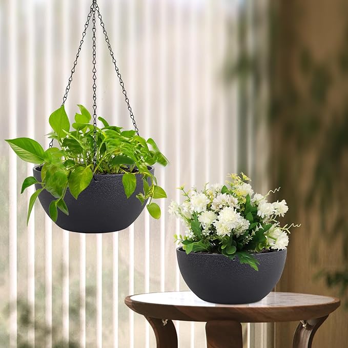 8 inch Small Hanging Planters Plant Pots for Indoor Outdoor Plants, 2 Pack Hanging Flower Pots with Drainage Holes and Chain for Garden Porch, Plastic Hanging Baskets for House Plants, Black
