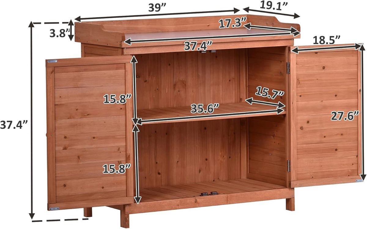 Merax Outdoor 39" Potting Bench Table, Rustic Garden Wood Workstation, Storage Cabinet with 2-Tier Shelves and Side Hook, Orange