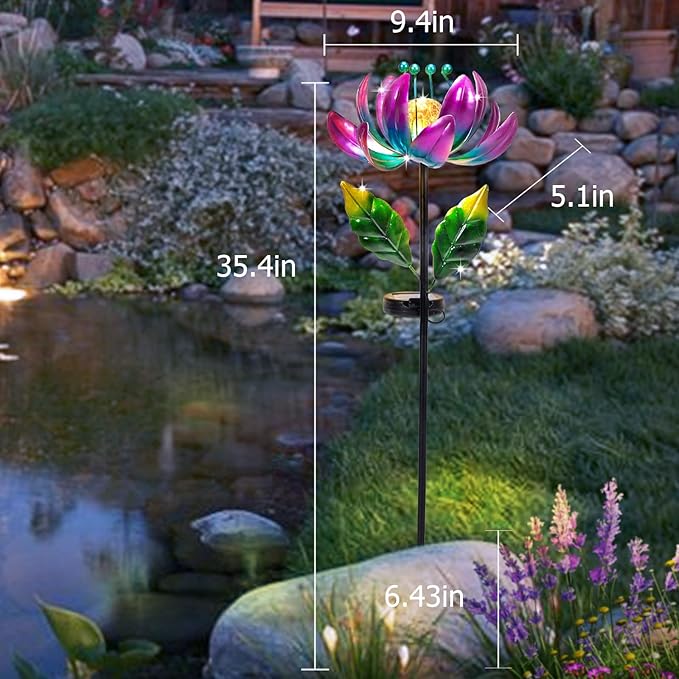Huaxu Solar Outdoor Lights 35.4In Garden Decor Flower Wind Spinners,Waterproof LED Crackle Glass Globe Purple Lotus Art Metal Stake for Lawn Patio Pathway Yard Porch Driveway Decorations Gift