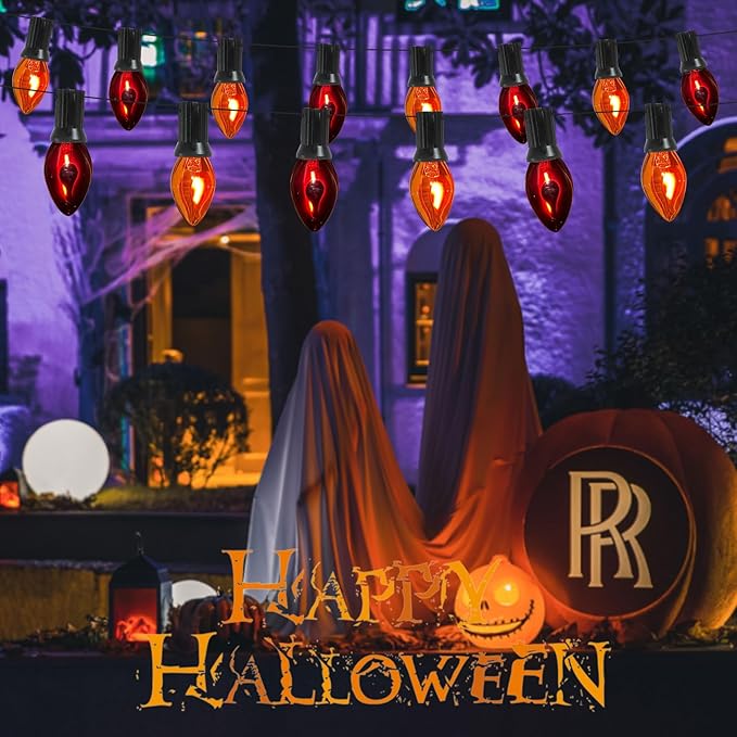25Ft C7 Halloween Orange Purple String Lights Outdoor, Christmas Decorations Patio Lights with 25 Orange/Purple Flickering Flame Lights Waterproof UL Listed for Outdoor Party Garden Bistro Roof Decor