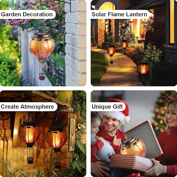 Hot Air Balloon Solar Lantern with Flickering Flame Hanging Solar Lanterns Outdoor Lights Waterproof Lanterns Decorative Garden Patio Yard Party Decor Yellow