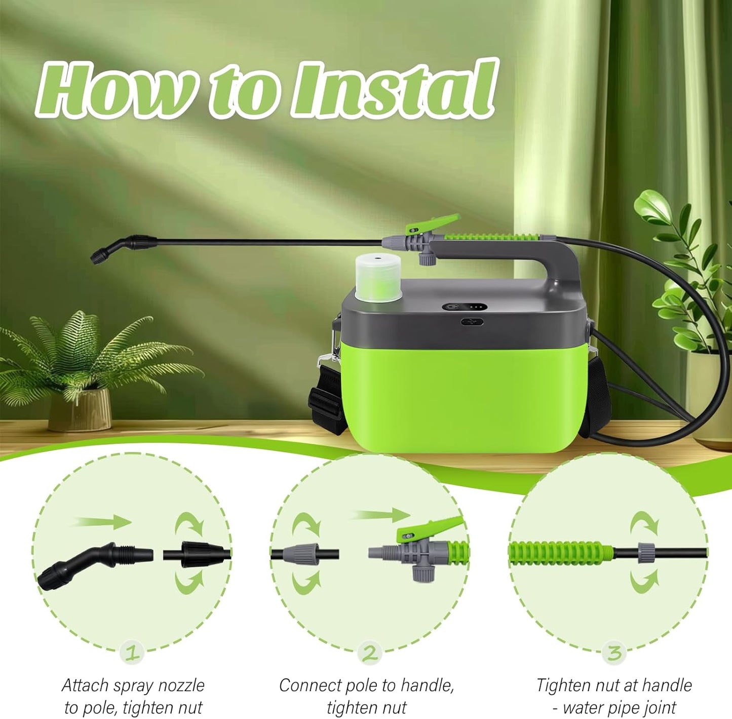 Battery Powered Garden Sprayer, 1.35 Gallon Electric Sprayer with USB Rechargeable Handle, 3 Mist Nozzles, Retractable Wand, Battery Pump Sprayers with Adjustable Shoulder Strap for Lawn and Yard