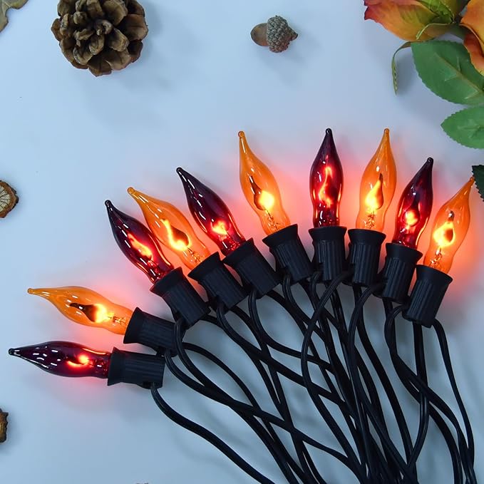12.8Ft Halloween Decorations - Indoor/Outdoor Flickering Flame String Lights, Orange & Purple, 12 Pack C7 Flame Lights Bulbs