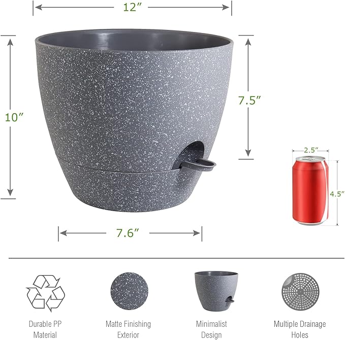 12 inch Large Self Watering Pots, Plastic Planters with 60oZ Removable Deep Reservoir and Multi Mesh Drainage Holes for Indoor Outdoor Garden Plants and Flowers, Grey Speckles