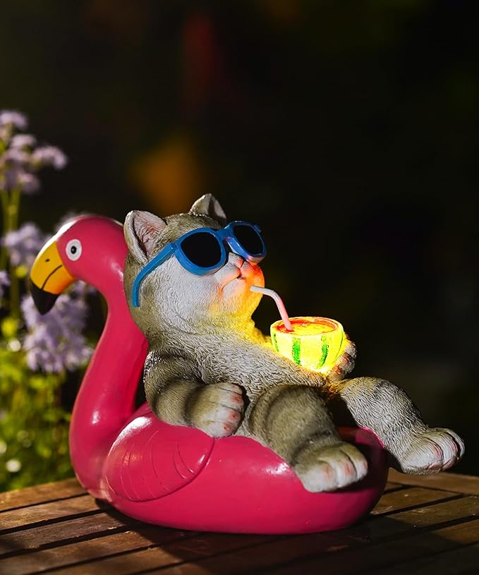 Cat Lying Flamingo Solar Statue: Outdoor Sculptures Clearance for Lawn Porch Patio Balcony Yard - Gifts for Mom Women
