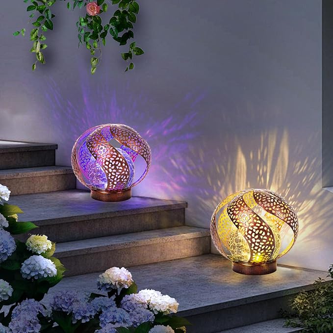 Huaxu Solar Lights Outdoor Garden Decor Waterproof Cracked Glass Globe LED Light Bronze Art Metal Retro Design Decorative Yard Patio Lawn Pathway Gift for Mom Women Anniversary Birthday
