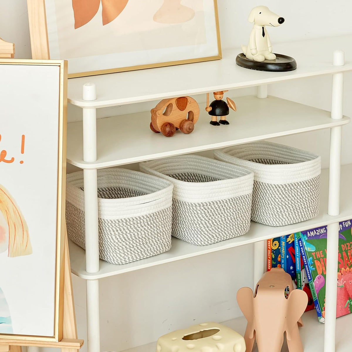 Small Cotton Rope Basket – Storage Bin for Organizing (10.6" x 6.7" x 6.7"), Bathroom Storage Basket for Shelf, Counter & Closet(White & Mixed Grey)