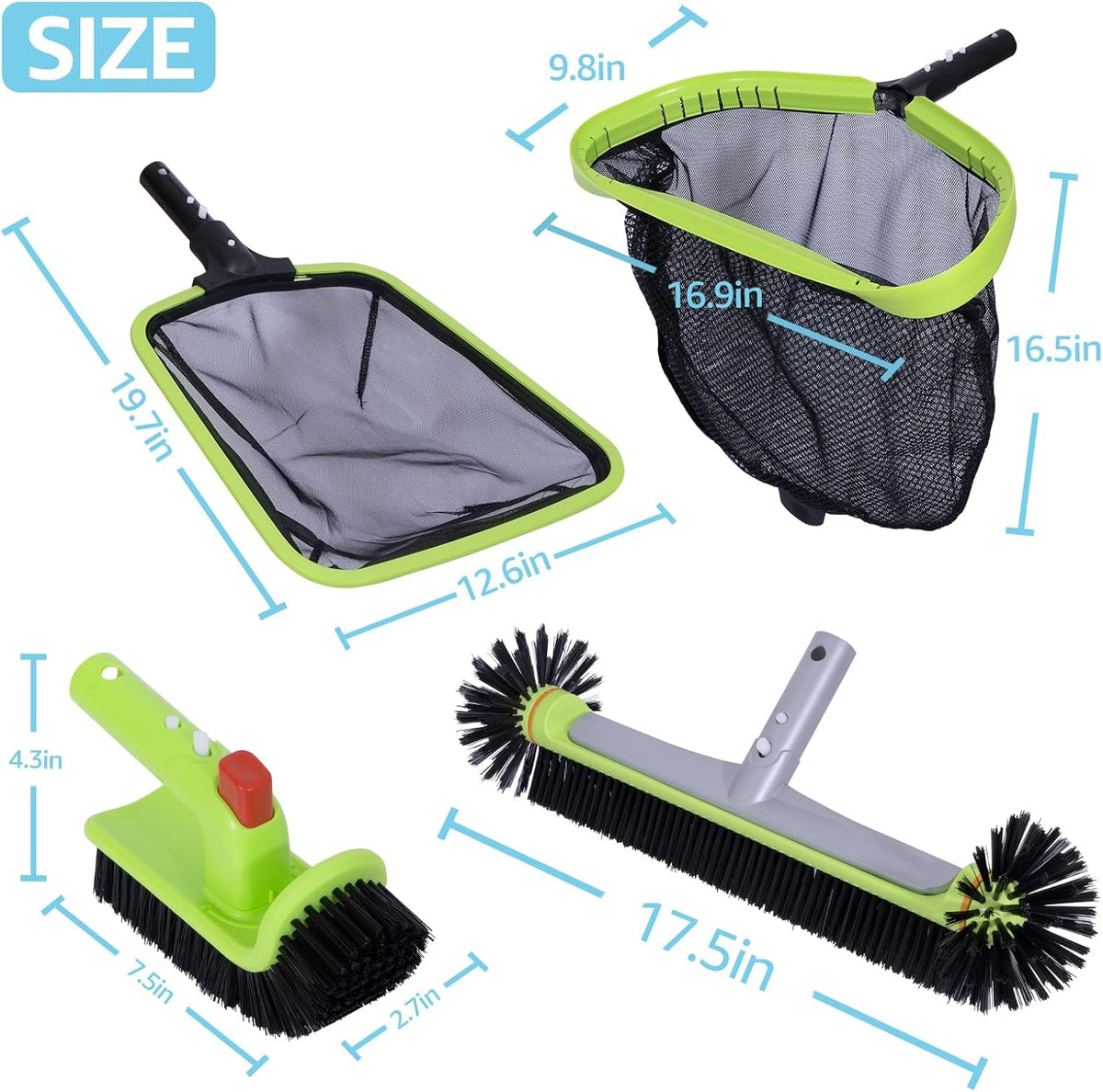 Sepetrel Deluxe Swimming Pool Cleaning Kit Including Professional Leaf Skimmer Net,Half-Depth Fine Mesh Net,17.5" Pool Brush Head & Hand Scrub Brush(NO Pole)