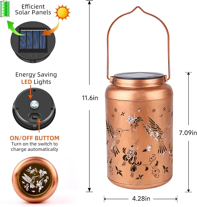 Hummingbird Solar Lanterns Outdoor Waterproof Hanging Solar Lights Metal Decor Lantern LED Light Christmas Decorative for Garden,Patio,Yard,Lawn,Backyard,Front,Porch as Holiday Gifts for Women Mom