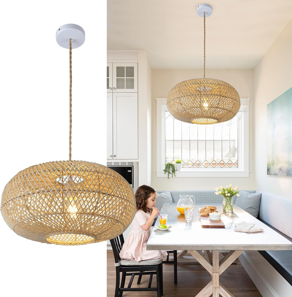 Rattan Pendant Light 16" 1-Light Hand-Woven Rattan Hanging Light,Wicker Woven Basket Chandelier,Modern Bohemian Pendant Lamp for Kitchen Island Foyer Farmhouse Porch