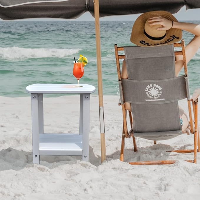 Adirondack Square Outdoor Side Table,2-Tier Storage Patio Side Table, HDPE End Tables for Backyard Pool Porch Garden Lawn(White)