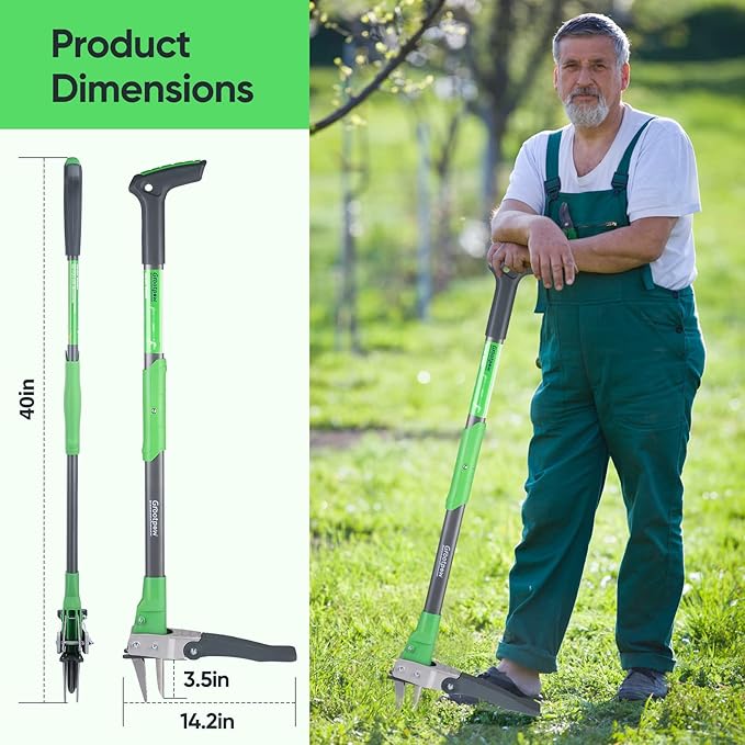 Grootpow WP5 Heavy Duty Weed Puller Tool, Stand Up Dandelion Weeder with 40" Handle, 3 Claws & Fiberglass Foot Pedal, Weeding Tool Made with Cast-Iron, Easily Remove Weeds Without Bending or Kneeling