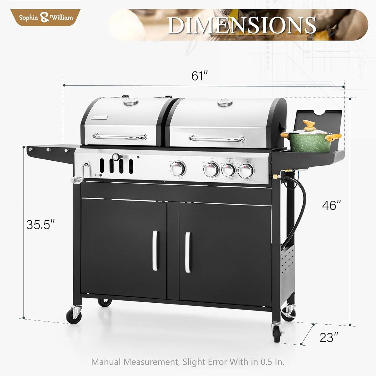 Sophia & William Charcoal and Propane Gas Grill Combo with Side Burner & Porcelain-Enameled Cast Iron Grate, Dual Fuel BBQ Grill for Outdoor, Barbecue Grill, 690 SQIN Cooking Area