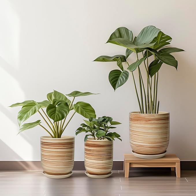 8 Inch Plant Pot, Ceramic Planter for Outdoor Plants, Large Plant Pot Indoor with Drainage Hole and Saucer, Modern Flower Pot for Home Garden Decor Yellow