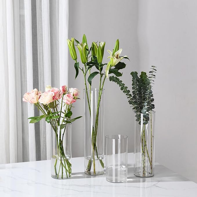 Clear Flower Vase, Non-breakable Vases, 4" W x 16" H, Acrylic Vase, Aesthetic Room Decor Cylindrical Modern Flower Vases for Table Centerpiece, Home Decor, Women Floral Arrangement Gift