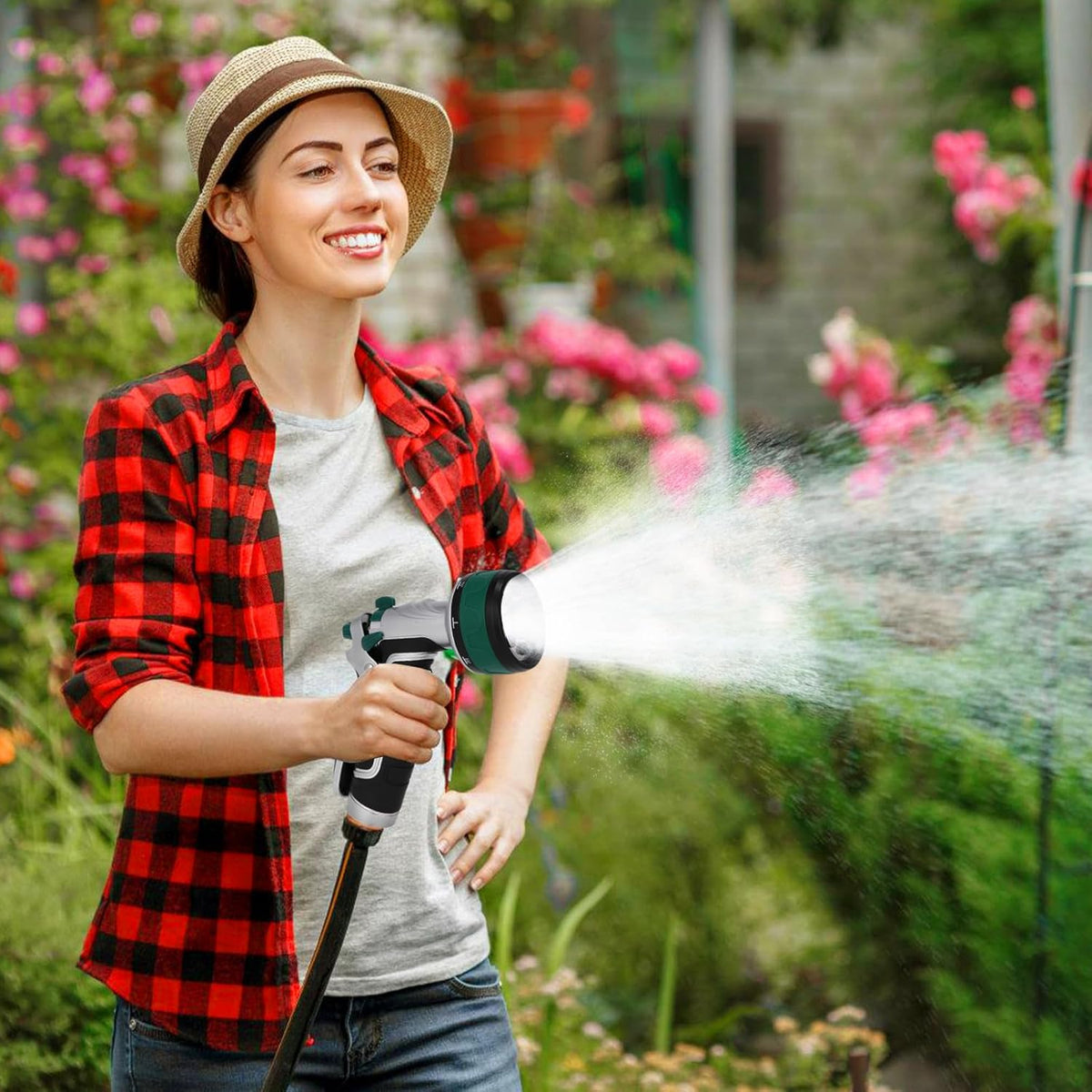 Garden Hose Nozzle, Heavy Duty Metal Water Hose Sprayer Nozzle with 8 Spray Patterns, High Pressure Handheld Nozzle with Flow Control for Lawn & Plant Watering, Car Washing – Forest Green