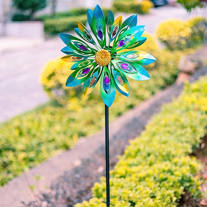 53 Inch Wind Spinner - Outdoor Metal Peacock Wind Sculptures for Garden, Patio, Yard, Lawn Decorations Double Windmill Spinner
