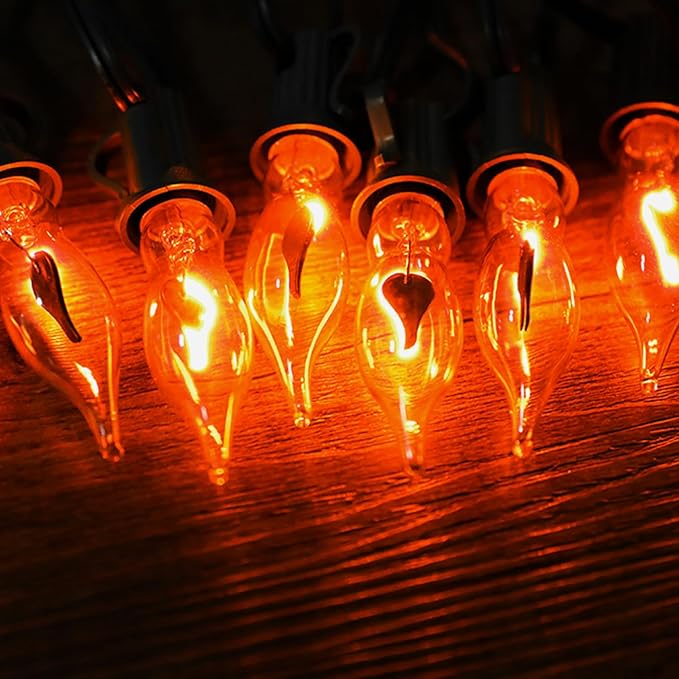 12.8Ft Christmas Lights Flickering Flame String Lights with 12 Pack Clear C7 Flame Light Bulbs(2 Spare), Great for Indoor Outdoor Home Patio Party Christmas Decorations Lights, 1W, E12 Base