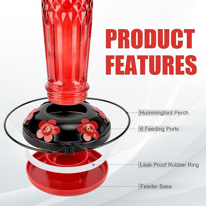 Hummingbird Feeder-16 Ounces,6 Feeding Ports Glass Hummingbird feeders for Outdoors,Wide Mouth for Easy Filling/Cleaning,Hanging for Garden Backyard Decor, Includes Ant Moat (Red)