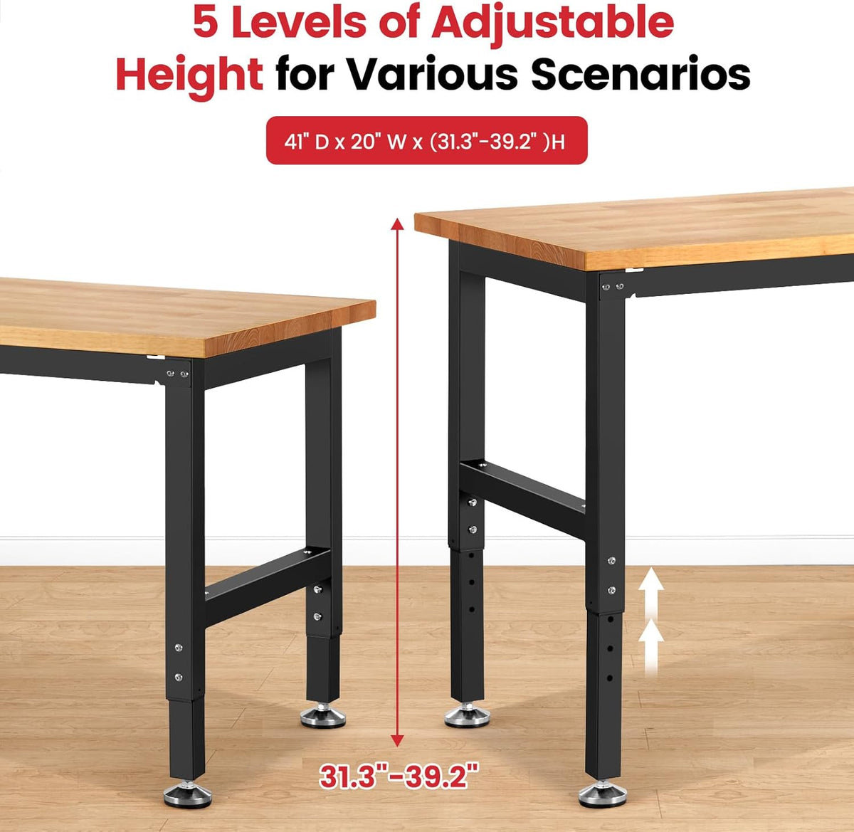 Work Bench for Garage Workbench Adjustable Height Work Table for Shop Woodworking, 41 x 20 Heavy Duty Rubber Wood Top for Office, Home, Commercial
