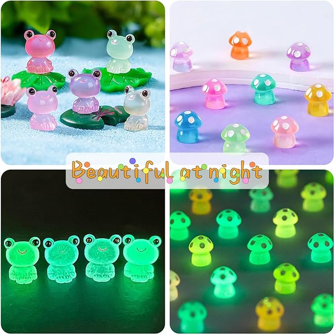 122Pcs Luminous Mini Resin Animal Figurines Glow in The Dark Cute Rabbits Frogs Mushrooms Glitter Ducks 4 Combination Miniature Figurines Set for Office Garden Decoration Aquarium Home Party Decor