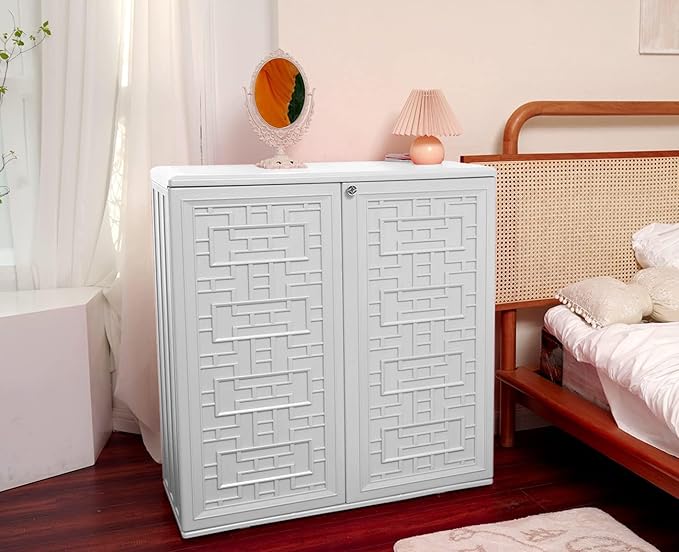 HOMSPARK Indoor/Outdoor Storage Cabinet with Doors and Shelf, 34”x16”x36” HDPE Plastic Storage Box for Patio, Bedroom, Bathroom, Living Room, Balcony, Multi-Purpose for Daily Tools, White