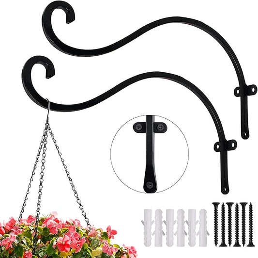 Hourleey 2 Pack Plant Hanger Outdoor, 12 Inch Heavy-Duty Hanging Plant Hook for Outside Basket, Black Metal Wall Mount Plant Bracket Hook for Flower Baskets Bird Feeder