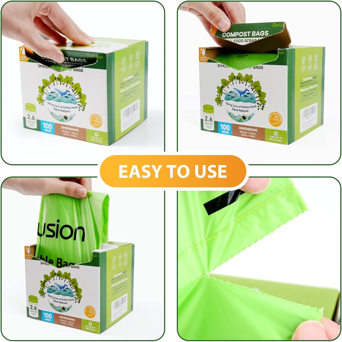 Compostable Bags for Kitchen Compost Bin, 1.2 Gallon, 125 Count, Certified by BPI and ASTM, Leakproof and Odor Control