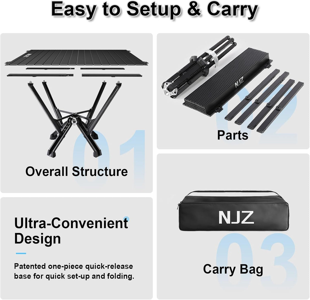 Folding Outdoor Camping Table, Aluminum Roll-Up Top and Carry Bag, 380 LBS Capacity, Lightweight Portable Tables for Picnic, BBQ and Tailgating.(Black)