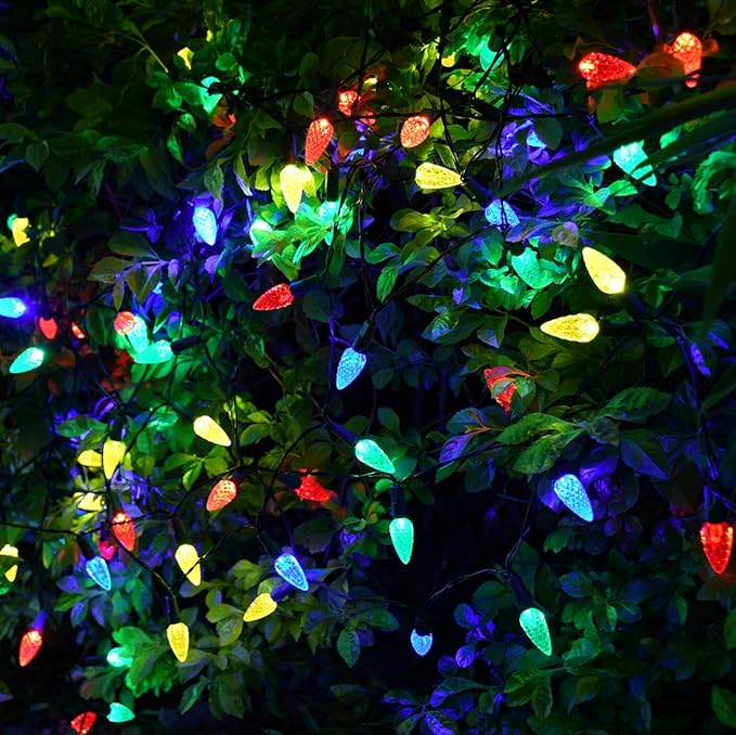 2 Pack Solar Christmas Lights Outdoor C6 Strawberry String Lights, LED Christmas Fairy Lights 50 LEDs Solar Operated Rechargeable Garden Lights for Christmas Tree, Holiday, Arbor Decor(Multicolor)
