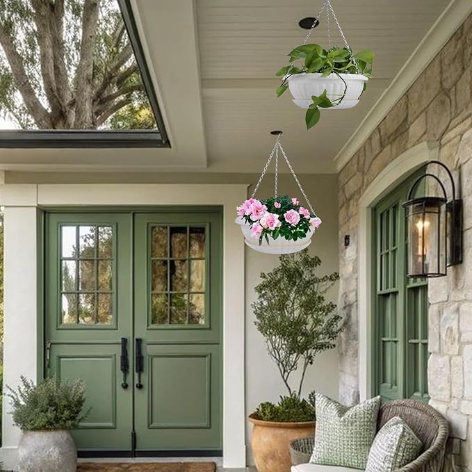 12.59in Hanging Planter Pots for Outdoor and Indoor Plants Flowers with Drainage Hole Tray Hooks Plastic Plant Baskets for Garden Home Porch (White, Pack of 6)