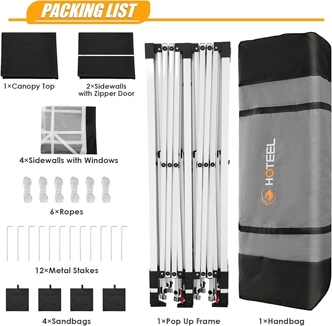 HOTEEL 10x20 Pop up Canopy with 6 Sidewalls, One Push Instant Setup Outdoor Canopy Tent with Reinforce Rod, Weight Bag, for Parties, Events, Black