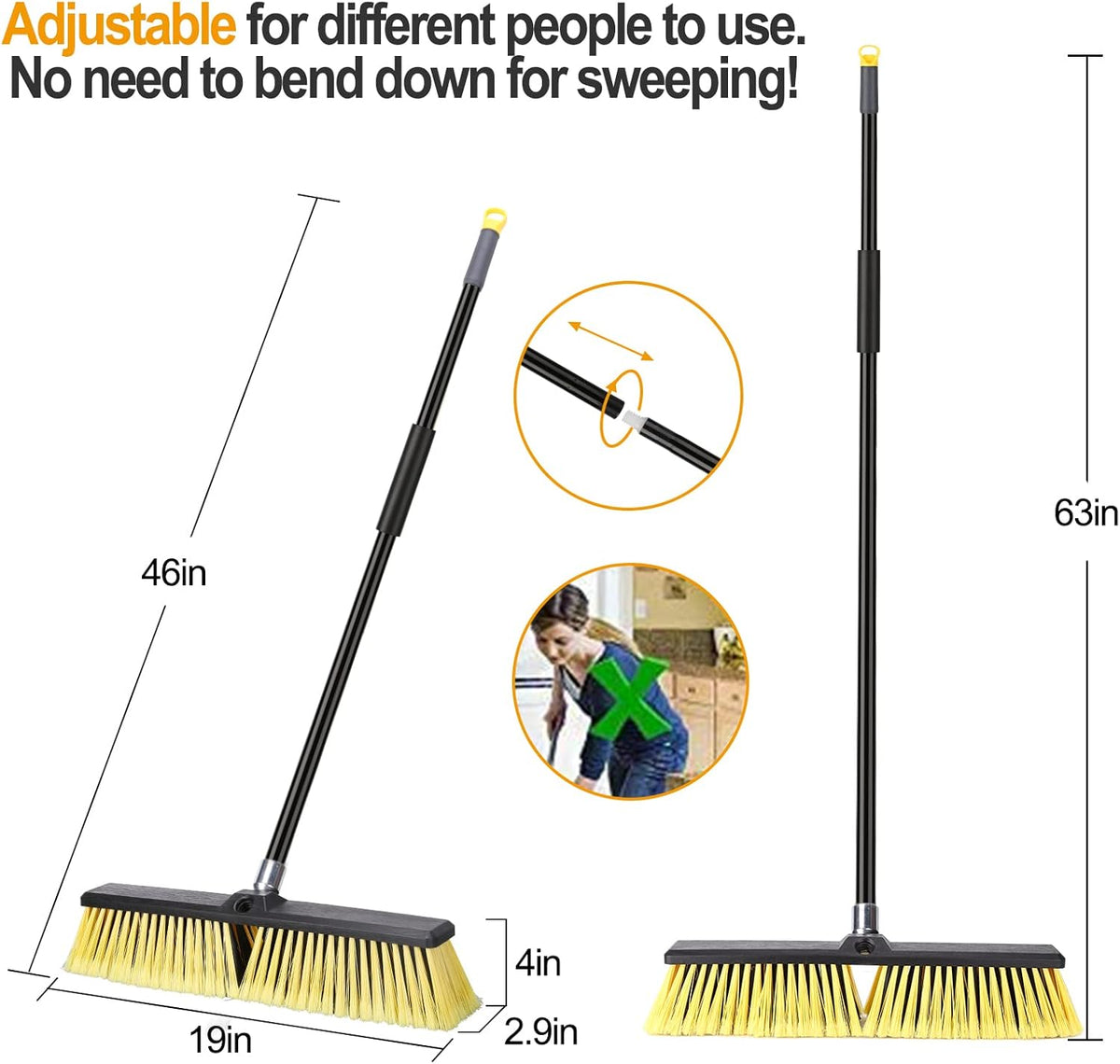 KeFanta 18 Inches Push Broom Outdoor- Heavy Duty Broom with 63" Long Handle for Deck Driveway Garage Yard Patio Warehouse Concrete Floor Cleaning
