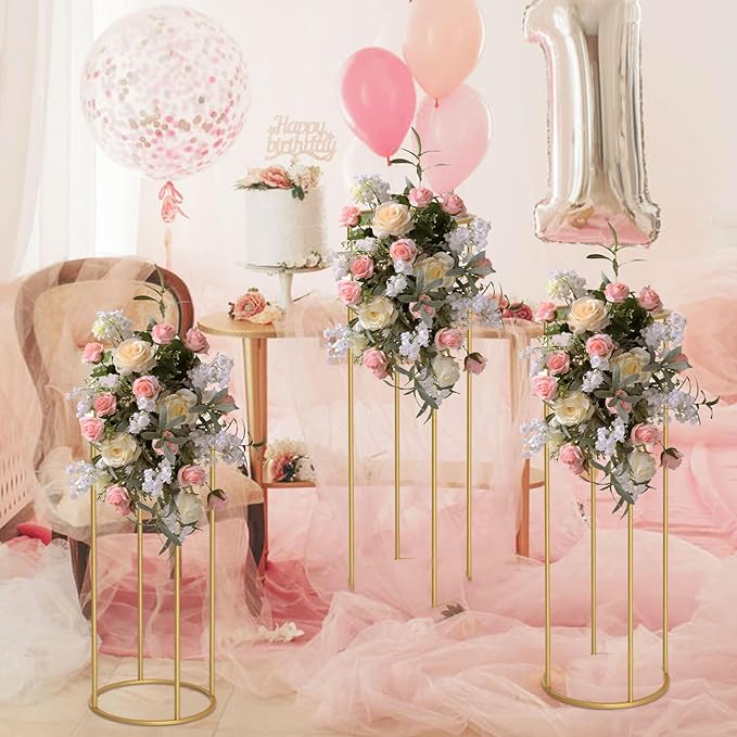 chamvis Gold Metal Plant Stand, 3 Pcs Tall Cylinder Pedestal Stands for Parties and Weddings, Gold Round Cylinder Tables for Living Room and Patio Decor