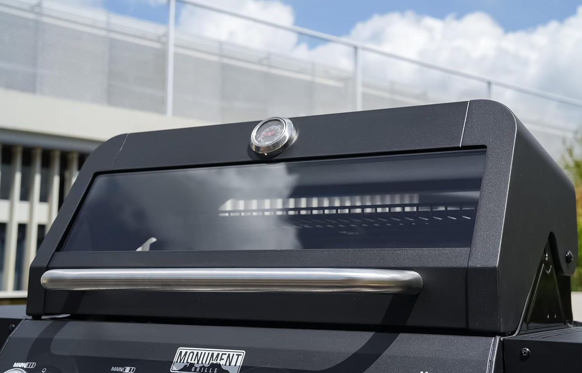Monument Grills 4-Burner Liquid Propane Gas Grill, Matte Black Stainless Steel Burner Grill with Clearview® Lid and One Foldable Shelf for Outdoor Cooking Kitchen Patio Backyard Barbecue, Mesa420MF