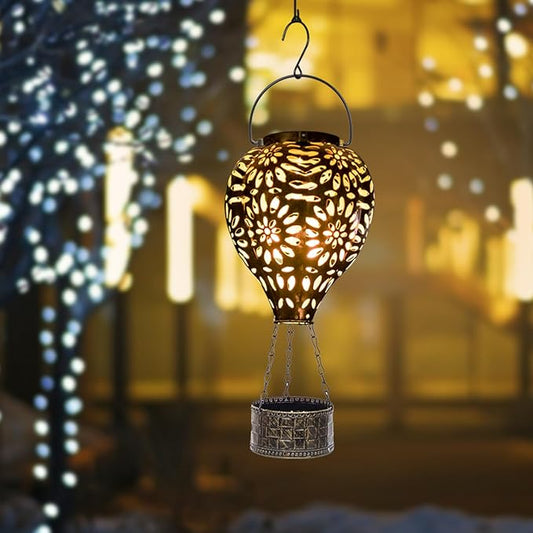 Hot Air Balloon Solar Lantern,Hanging Lantern Outdoor Waterproof Decorative Metal LED Solar Lights for Trees Patio Garden Yard Porch Decor, Gold