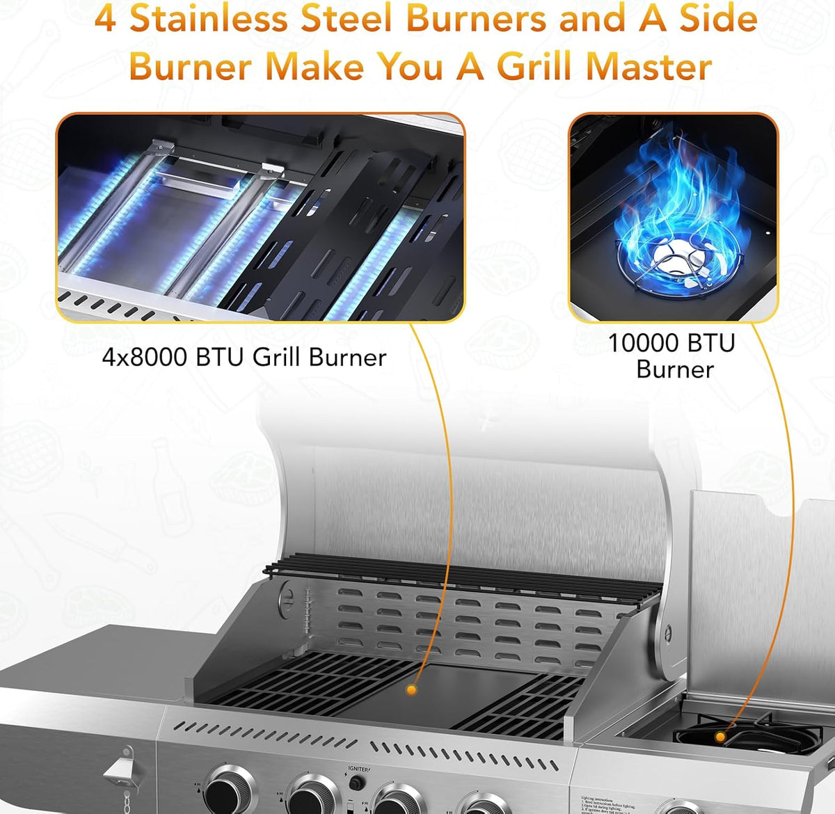 Gas Grill,Heavy-Duty Stainless Steel BBQ Grill,4 Burner Gas Grill with Side Burner,42000 BTU Propane Grill for Outdoor Cooking,Barbecue,Garden and Patio Backyard