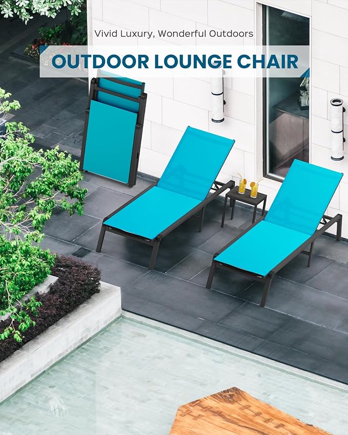 Chaise Lounge Outdoor, Foldable Aluminum Pool Lounge Chairs with 5 Positions Recliner - Free Assembly - Patio Chaise Lounge Chair for Poolside, Beach, Yard (Lakeblue)