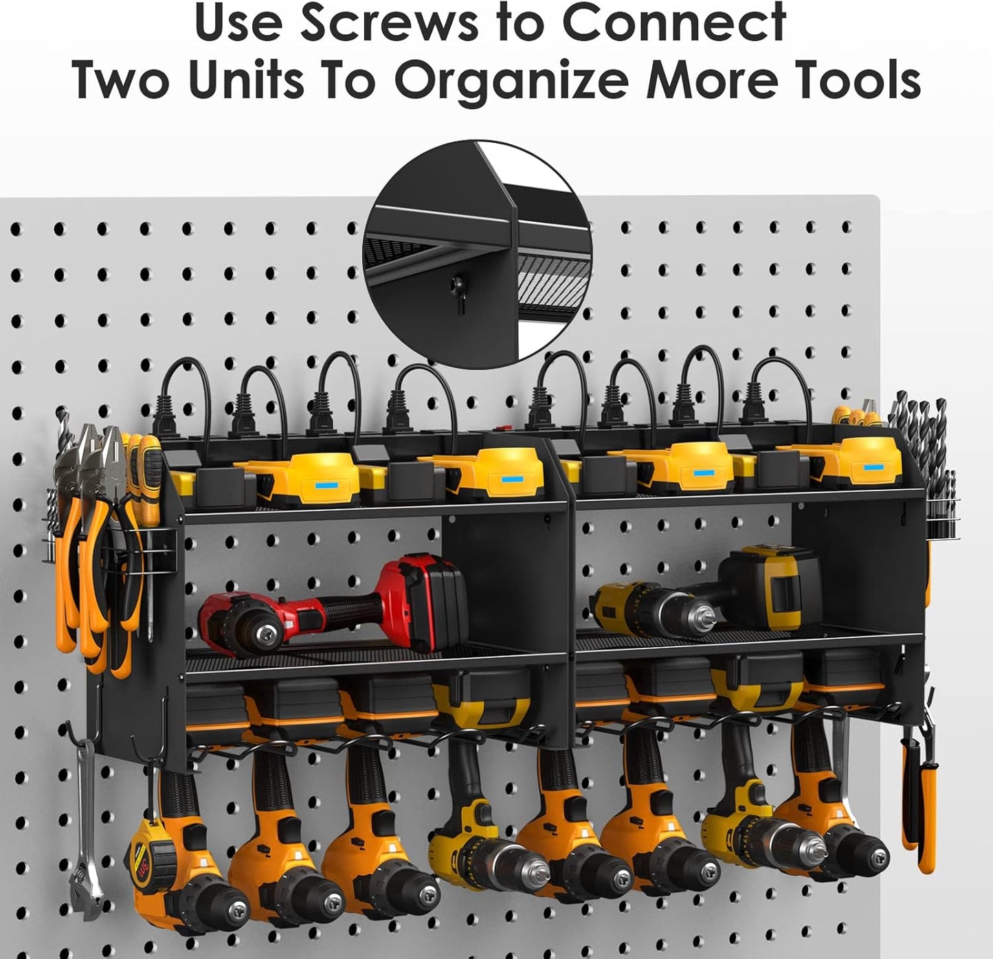 CCCEI Modular Power Tool Organizer Wall Mount with Charging Station. Garage 4 Drill Storage Shelf with Hooks, Screwdriver, Drill Bit Heavy Duty Rack, Tool Battery Holder Built in 8 Outlet Power Strip.