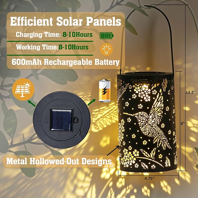 Hummingbird Solar Lantern Outdoor Hanging Waterproof LED Lights, Metal Bird Garden Decor for Yard, Patio, Lawn, Porch, Backyard, Christmas, Birthday Gifts for Women, Mom, Grandma, Outdoor Decoration
