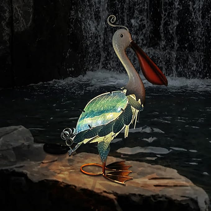 HONGLAND Solar Metal Pelican Statues Garden Sculpture & Statues, 19 Inch Glass Outdoor Pelican Yard Art Coastal Ocean Bird Decor Lawn Ornament for Backyard Porch Patio Decor(Blue)