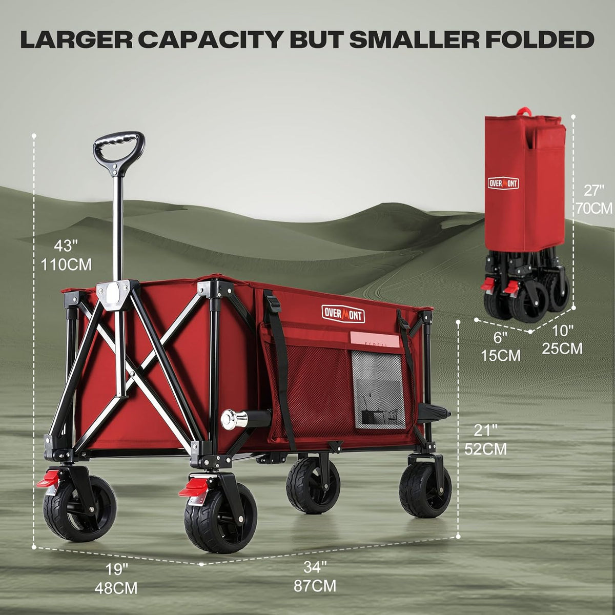 Overmont Collapsible Wagon Cart with Wheels - 180L Foldable Heavy Duty Wagon with Big All-Terrain Wheels - 330Lbs Weight Capacity with Side Pockets for Camping Sports Garden Grocery Shopping red