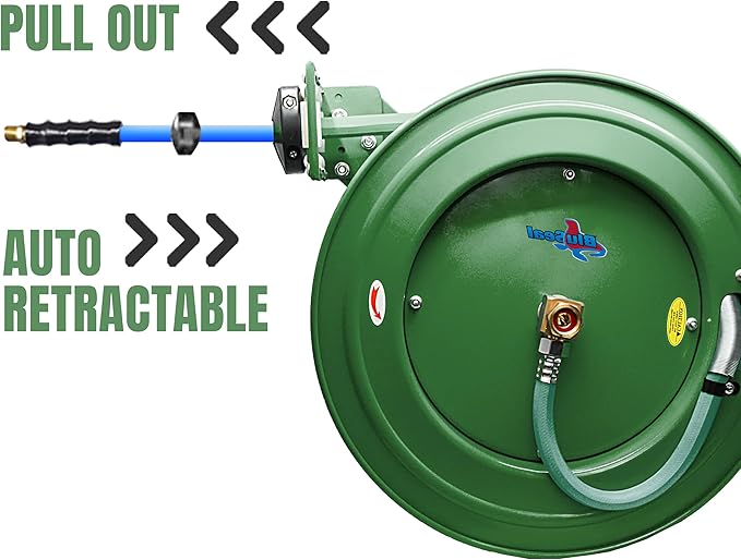 Auto Retractable Water Hose Reel with Hot & Cold Water Rubber Garden Hose, Spray Nozzle - Ultra Light, Super Strong with 6' Lead-in Hose (3/4” x 50’ Green)