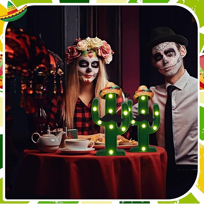 12 Pcs Cinco de Mayo LED Cactus Light with Mini Sombrero Straw Hats and Fake Beard Cinco De Mayo Table Decor Mexican Party Supplies for Table Room Bedroom Party Decoration (4.72 x 2.76 Inch)